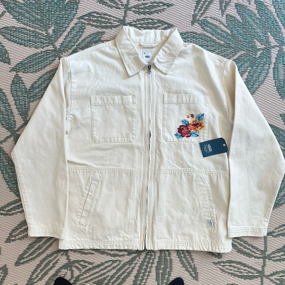 Vans Anaheim Factory Needlepoint Floral Denim Jacket Cream Women's Medium NWT